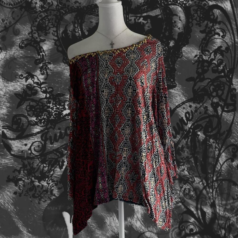 embellished mixed geometric baroque medallion berry pink orangey red boho top
